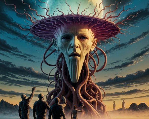 Surreal Scene with Extraterrestrial Being and Cloaked Figures
