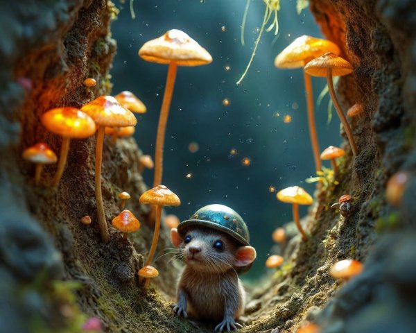 Whimsical Mouse at Entrance of Mossy Mushroom Tunnel