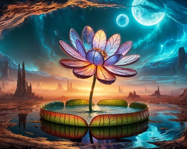 Oversized Flower in Serene Water with Starry Sky