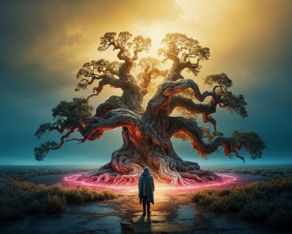 Ancient Tree with Ethereal Glow in Vast Landscape