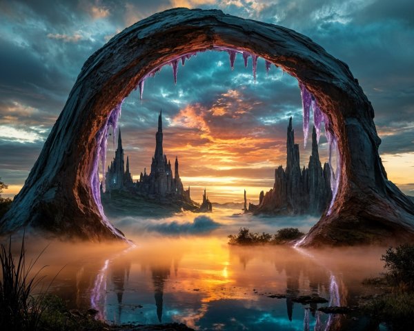 Majestic Landscape with Spires and Serene Lake at Sunset