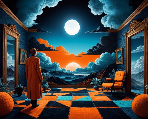 Surreal Room with Vibrant Landscape and Dramatic Sky