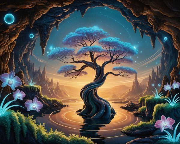 Mystical cave scene with glowing flora and water