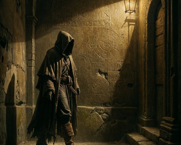 Cloaked Figure in Mysterious Dimly Lit Alley Scene