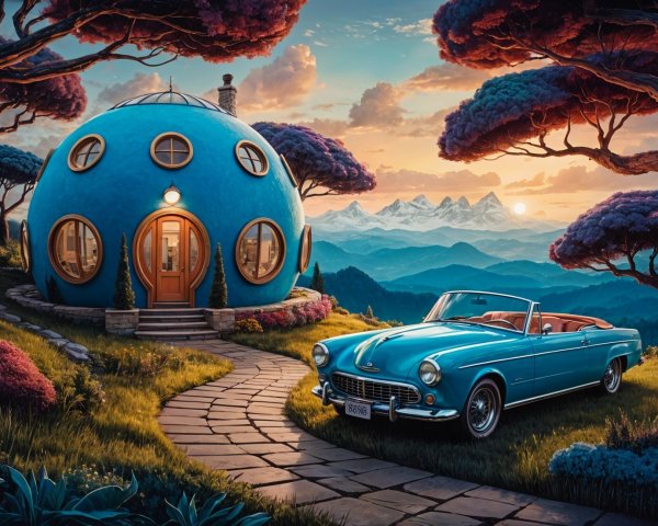 Whimsical Blue Dome House Surrounded by Colorful Trees