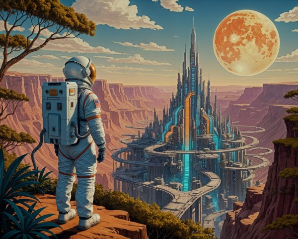 Astronaut Observing Futuristic City in Canyon Landscape