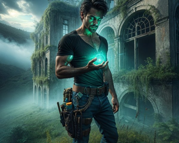 Rugged Explorer with Glowing Orb at Abandoned Mansion