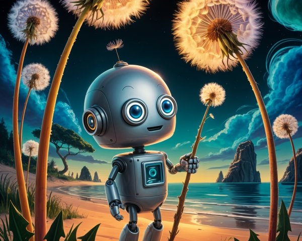 Whimsical Robot on Beach with Glowing Dandelions