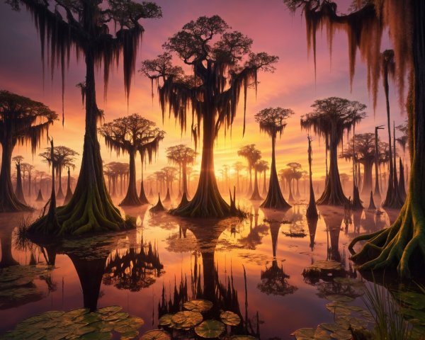 Twilight Landscape with Cypress Trees and Lilypads