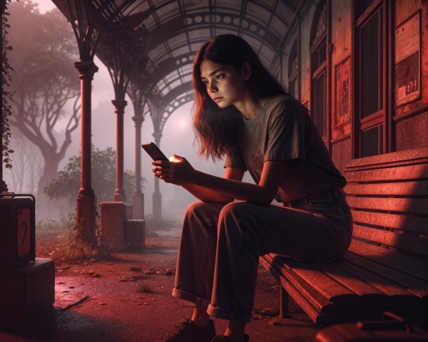 Young Woman on Bench in Misty, Atmospheric Setting