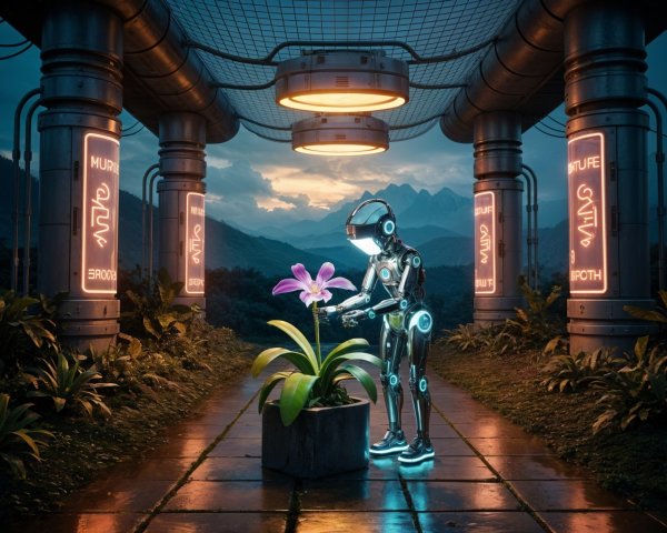 Futuristic Robot Examines Purple Flower in Tech Landscape