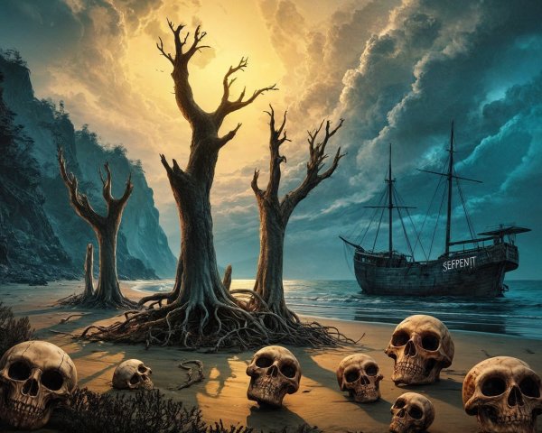 Haunting beach scene with skeletal trees and skulls