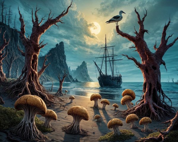 Haunting Coastal Scene with Twisted Trees and Moonlight