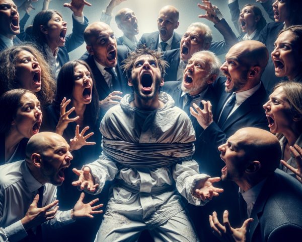 Chaotic Scene with Distressed Figure in Straitjacket