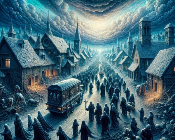 Mysterious Twilight Village with Cloaked Figures