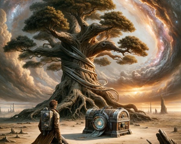 Colossal tree and treasure chest in a surreal landscape