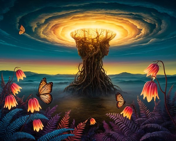 Surreal Landscape with Ethereal Tree and Mystical Elements