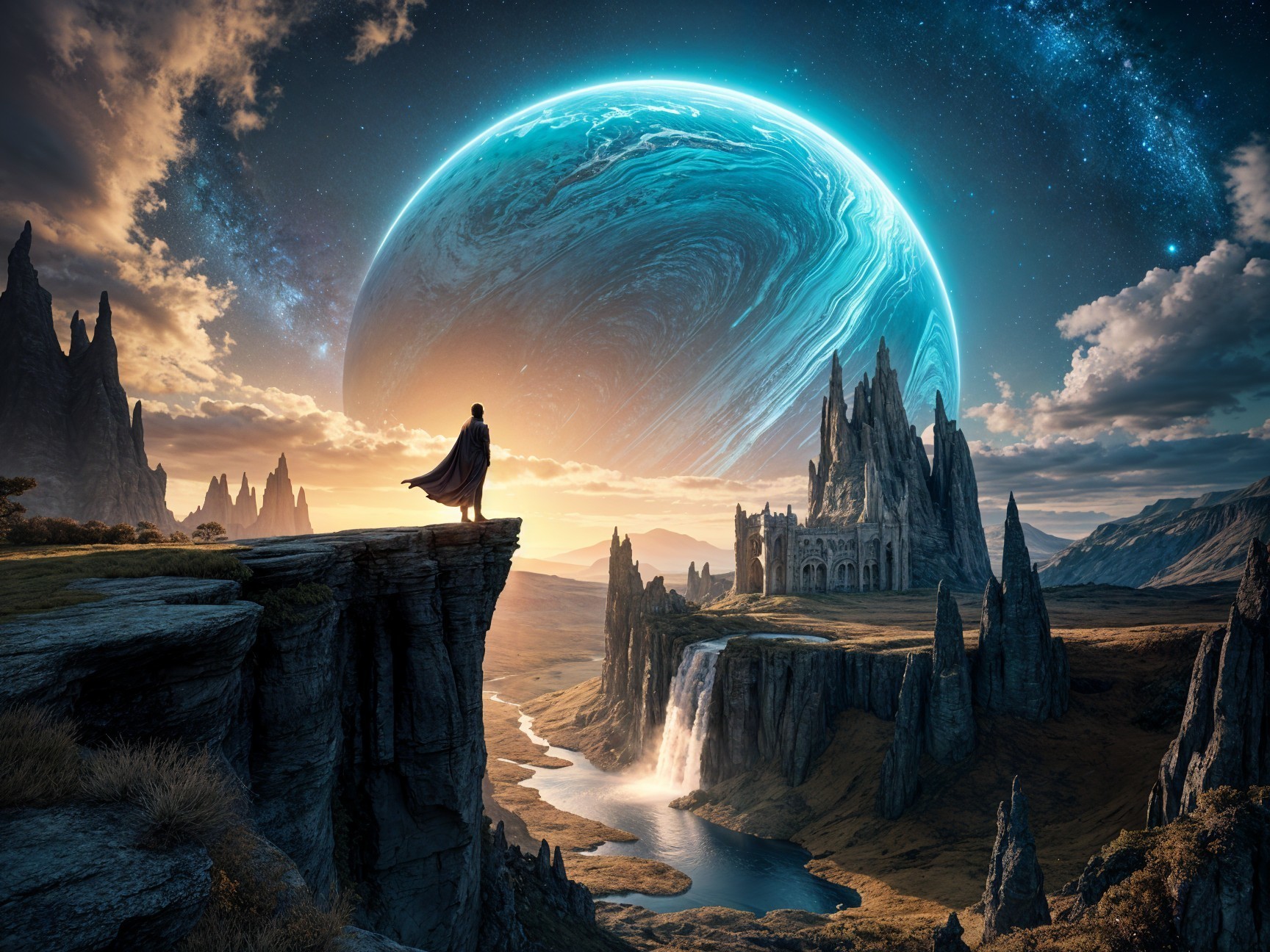 Solitary Figure Overlooks Cliffside Landscape and Castle