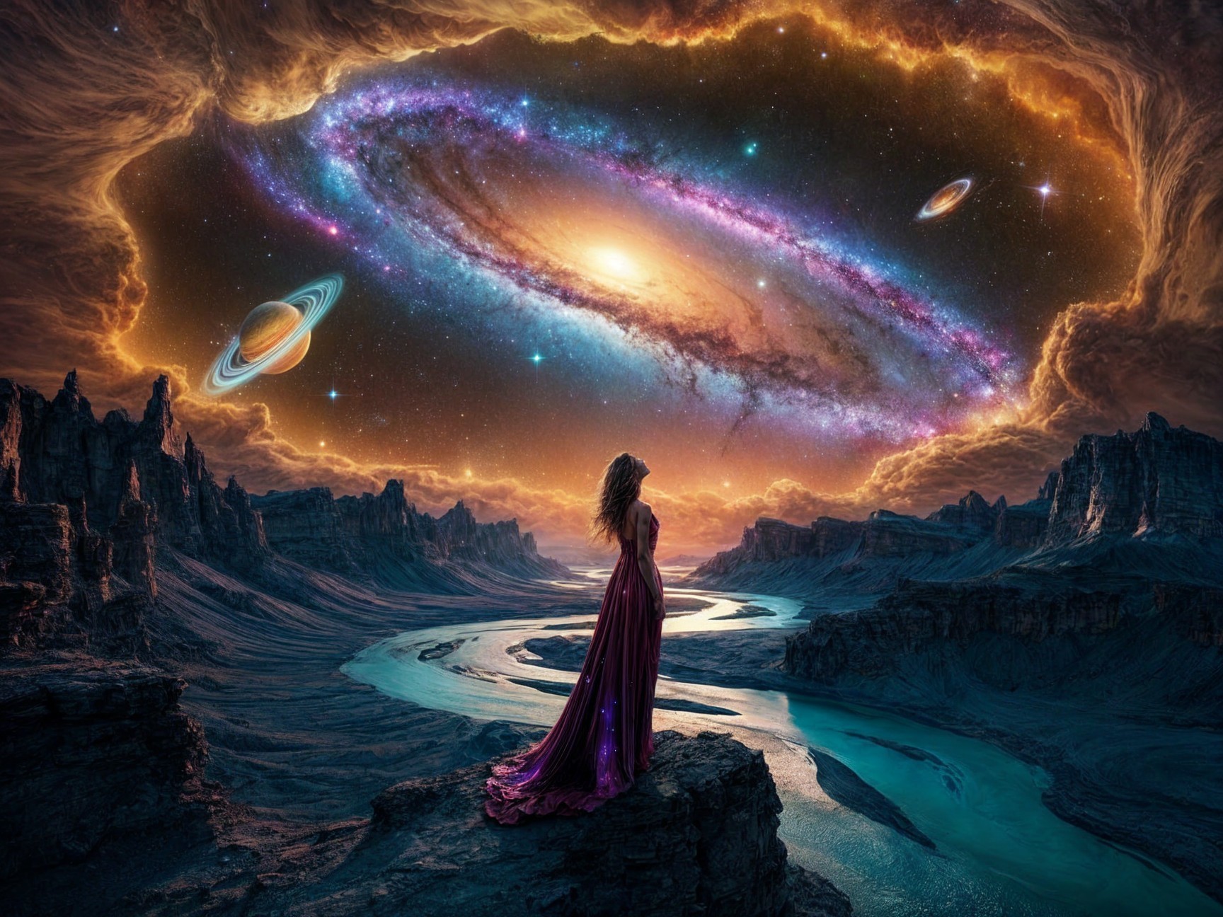 Silhouetted Figure Overlooking Cosmic Scene and River