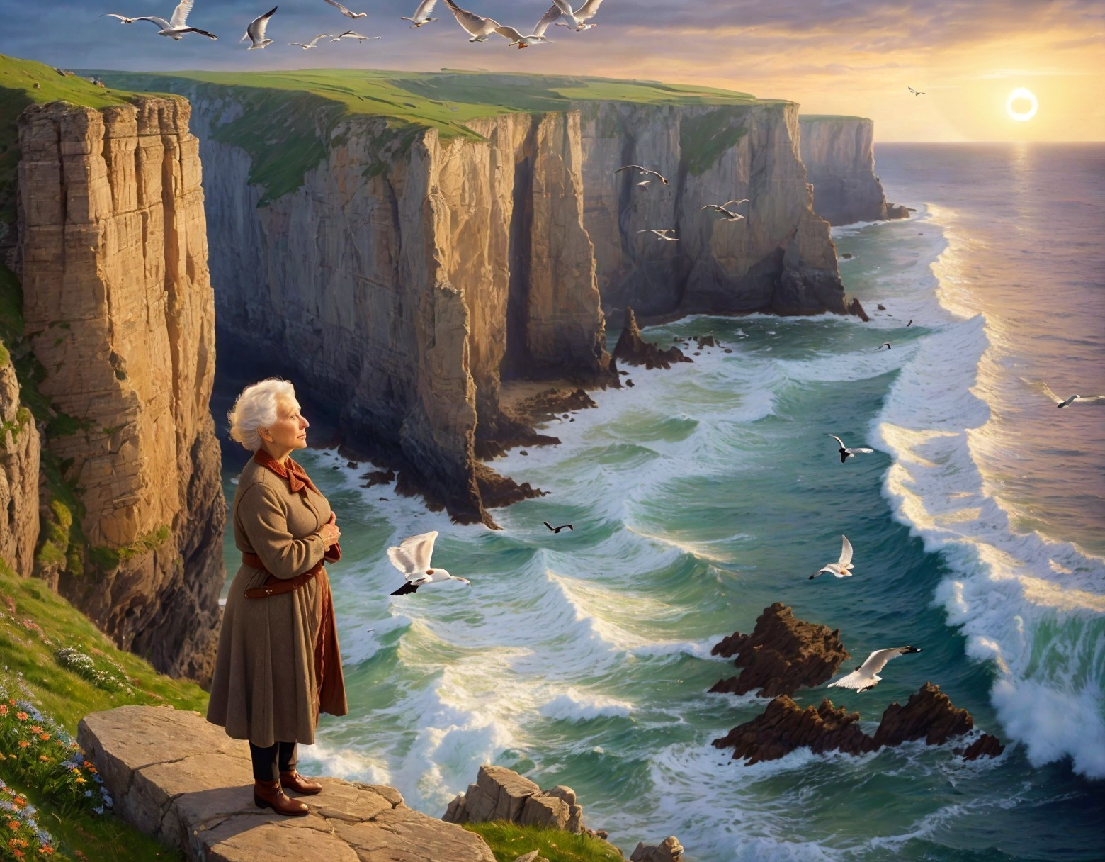 Elderly Woman on Cliff Watching Sunset Over Ocean