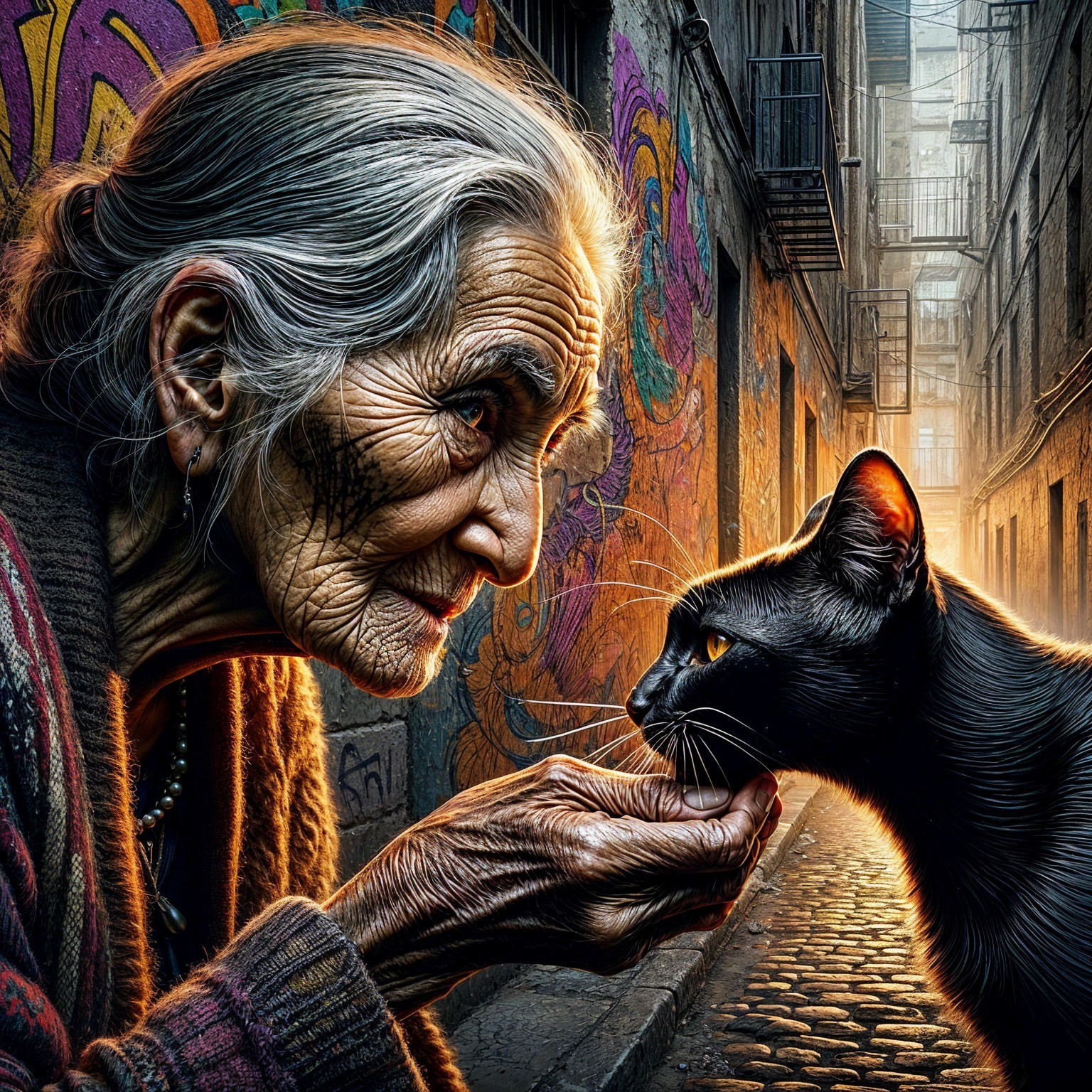 Elderly Woman and Black Cat in Graffiti Alley