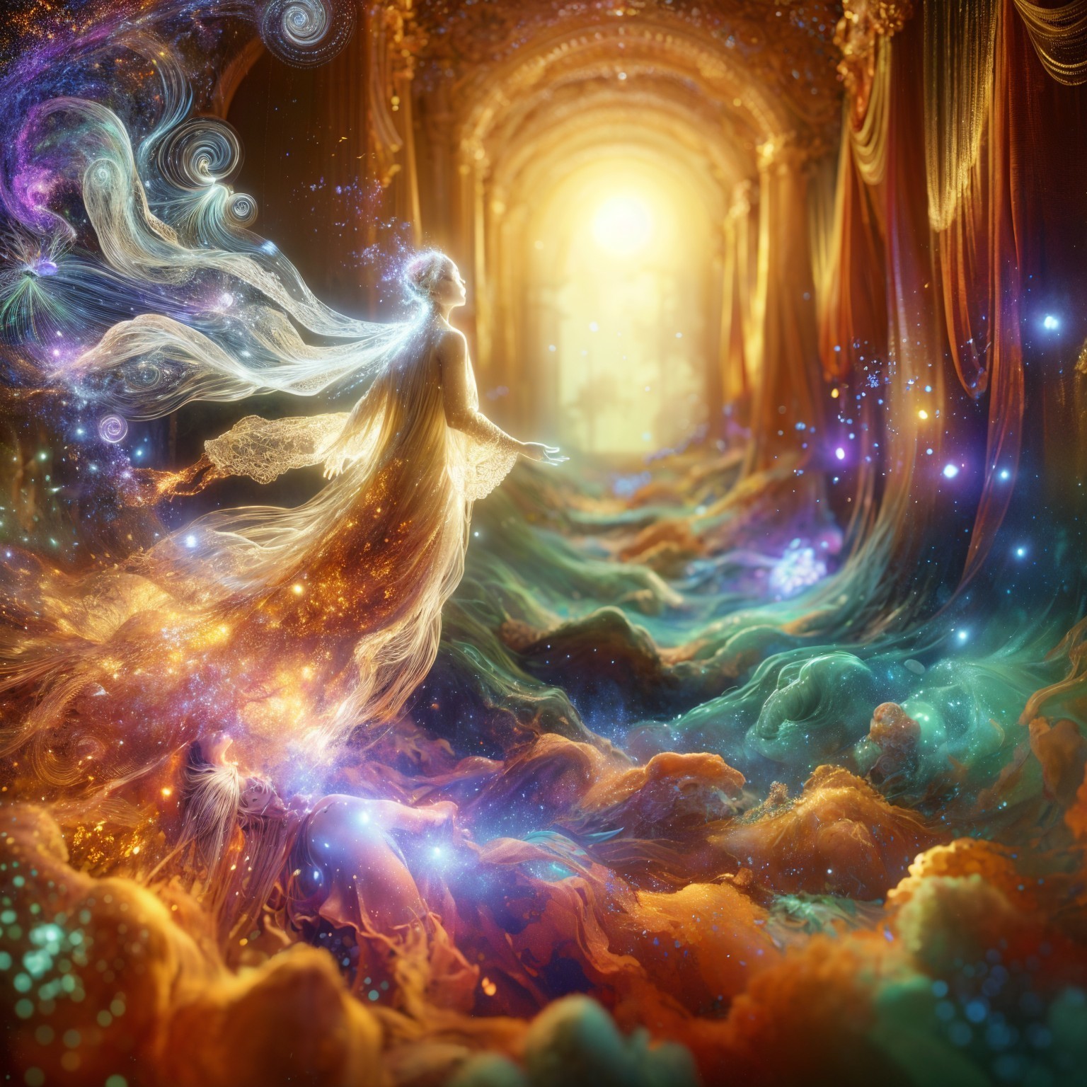 Luminous Figure in a Colorful Dreamlike Landscape