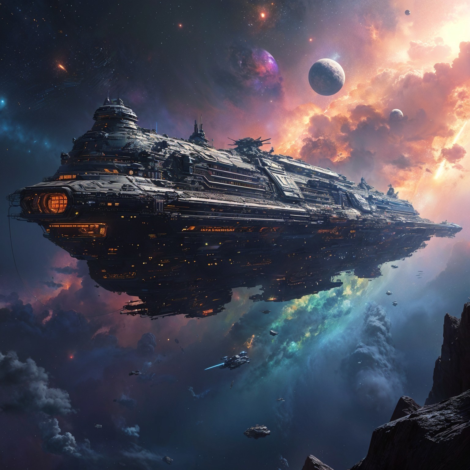 Colossal Spaceship in Cosmic Expanse with Nebulae