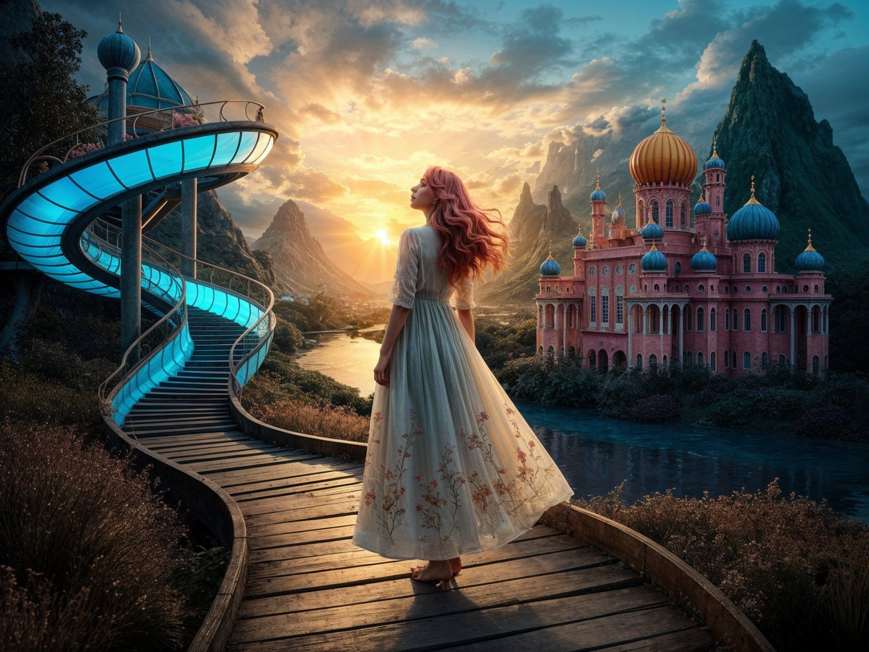 Young woman with pink hair by sunset and palace