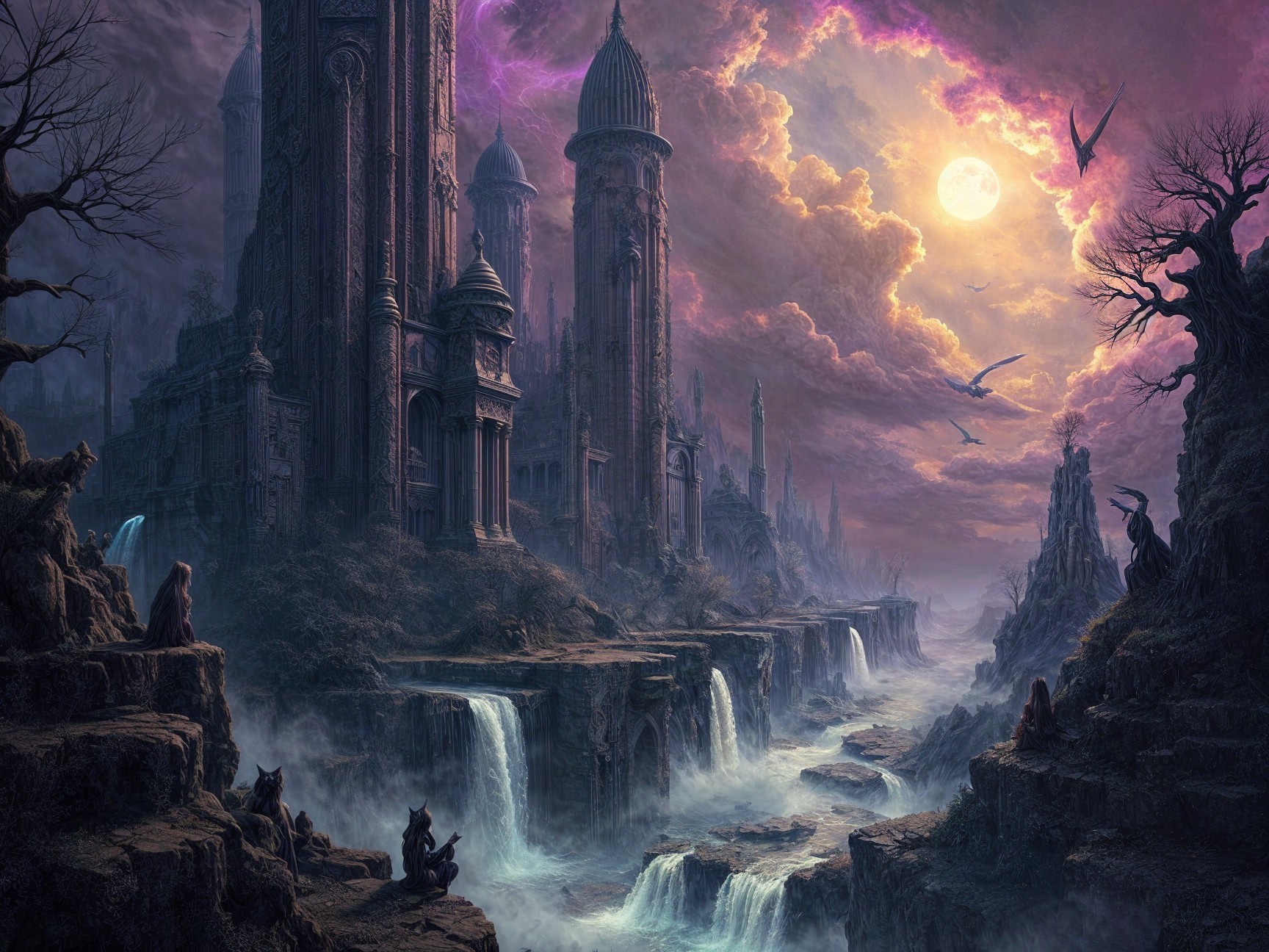 Mystical Landscape with Castles and Waterfalls