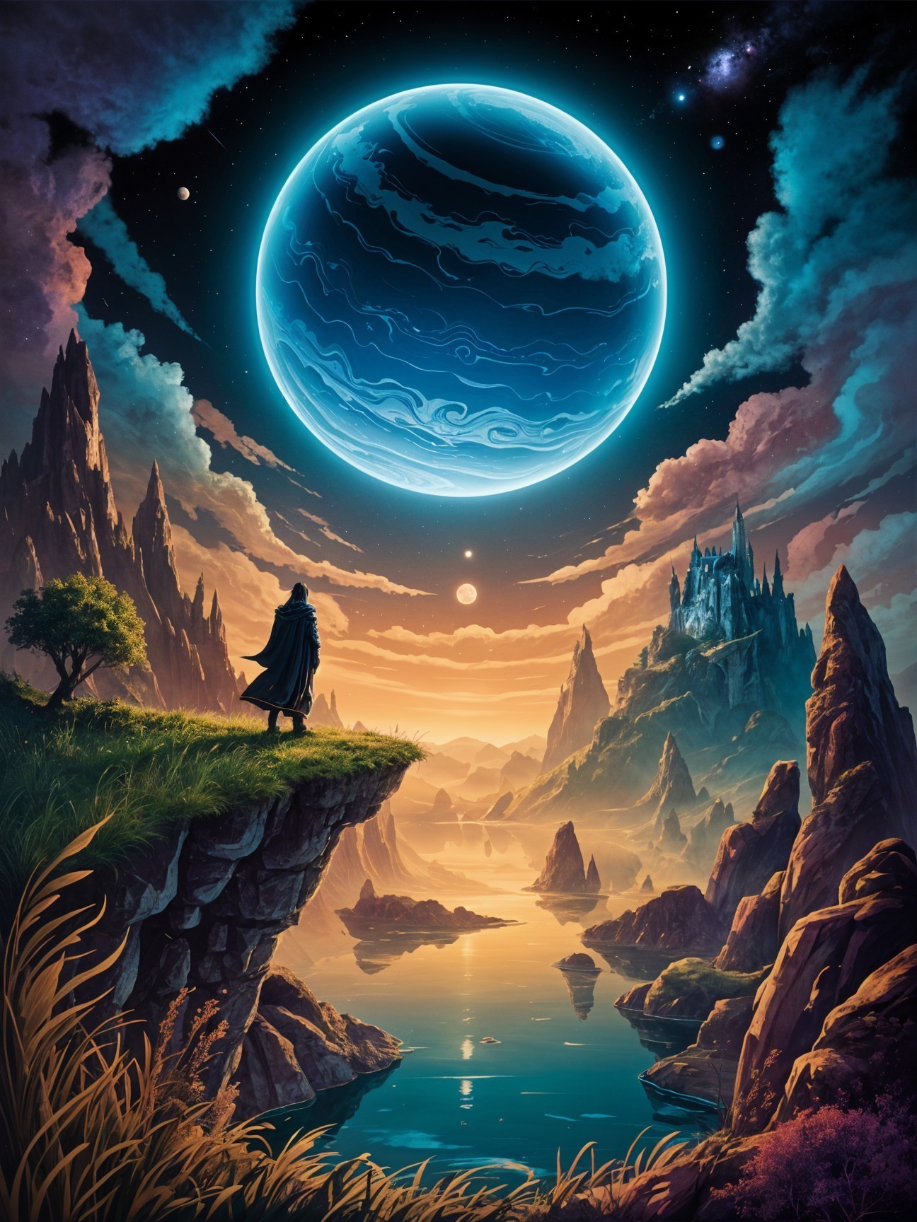 Cloaked Figure Overlooks Surreal Landscape at Sunset