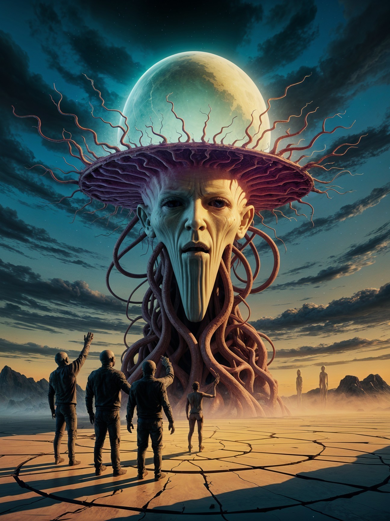 Surreal Scene with Extraterrestrial Being and Cloaked Figures