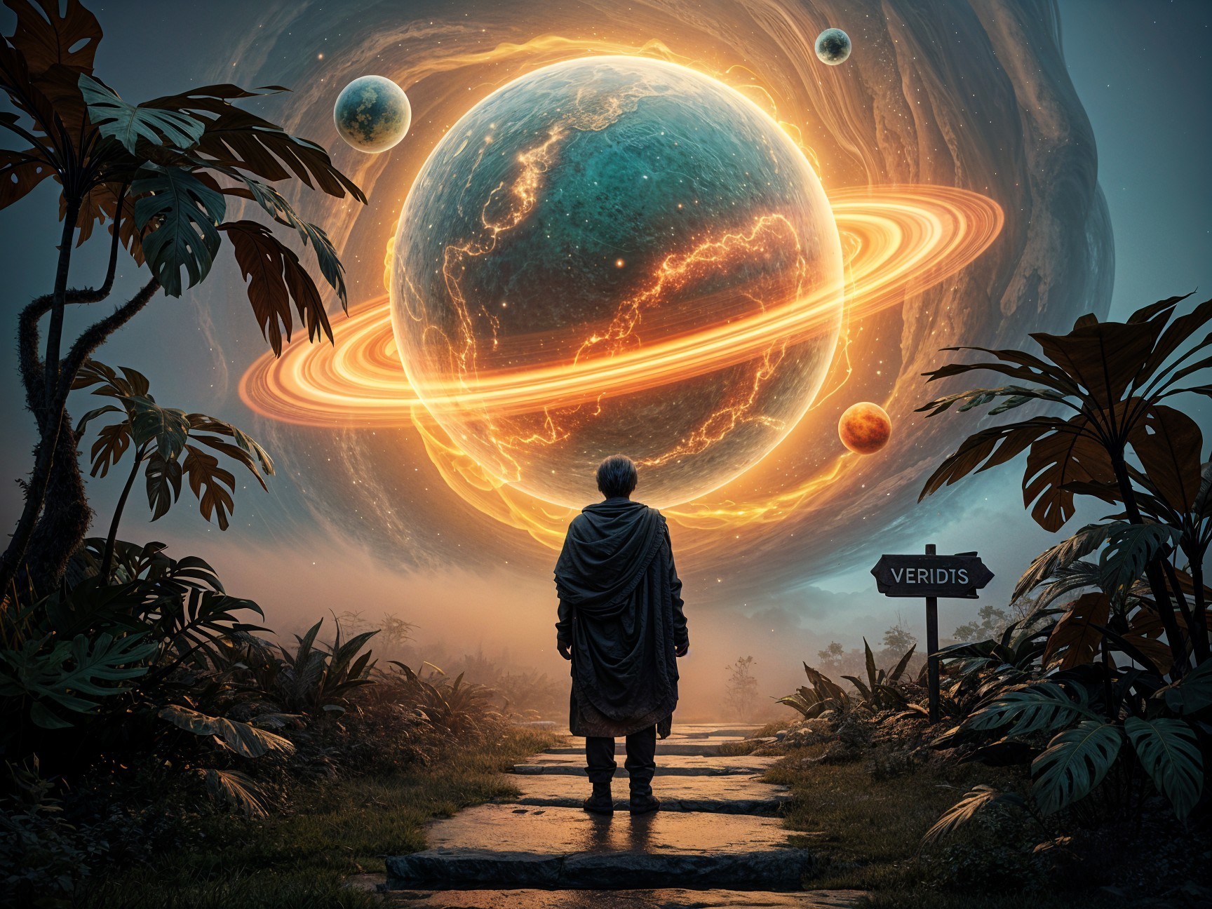 Figure on a stone path with a planet and rings