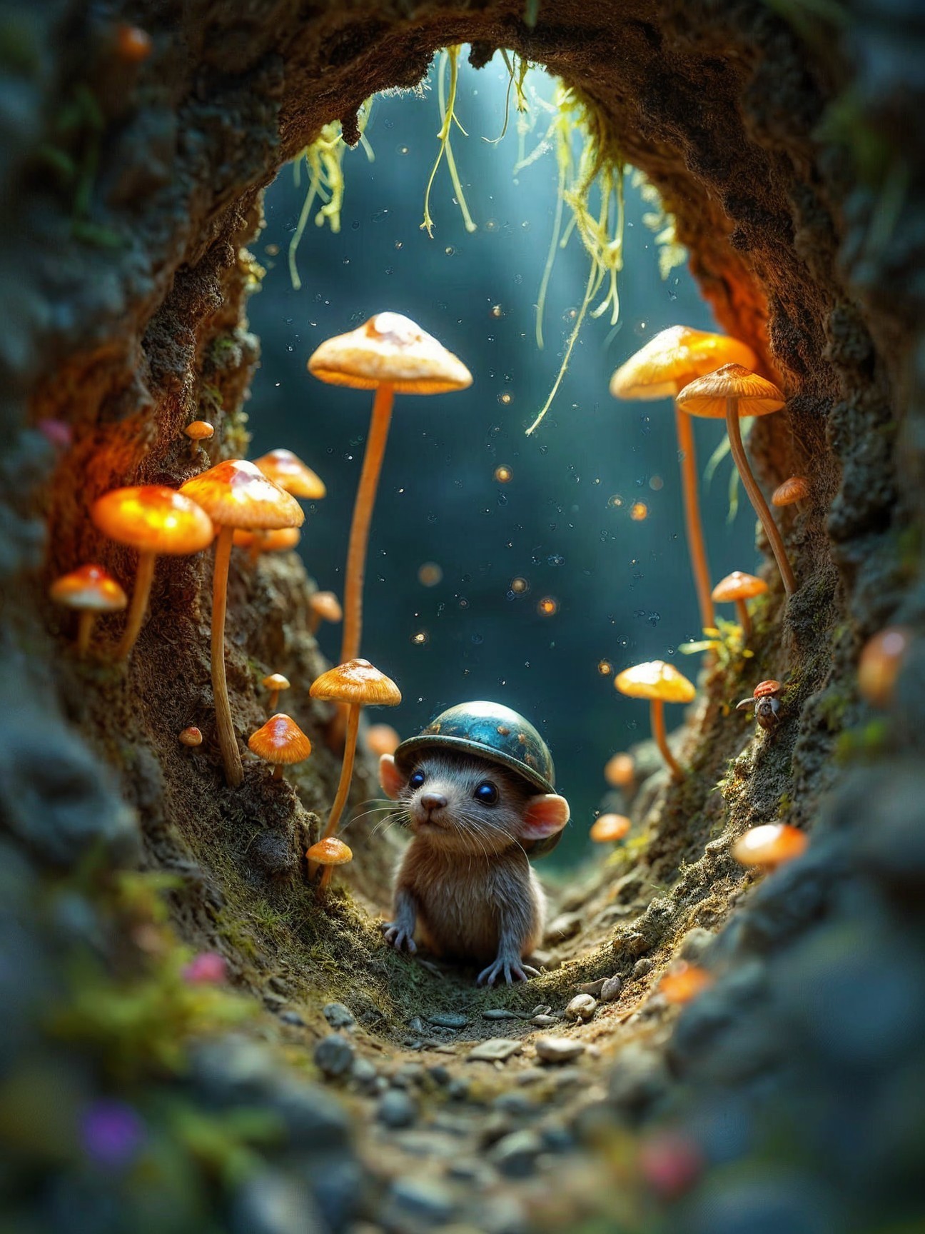 Whimsical Mouse at Entrance of Mossy Mushroom Tunnel