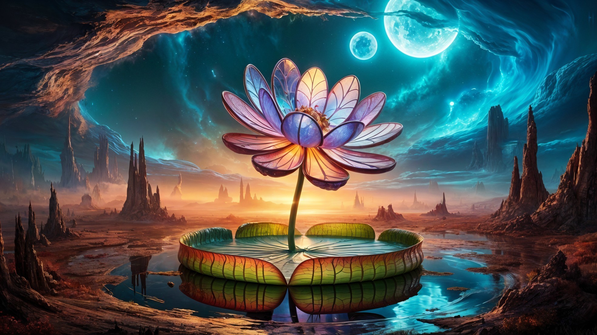 Oversized Flower in Serene Water with Starry Sky