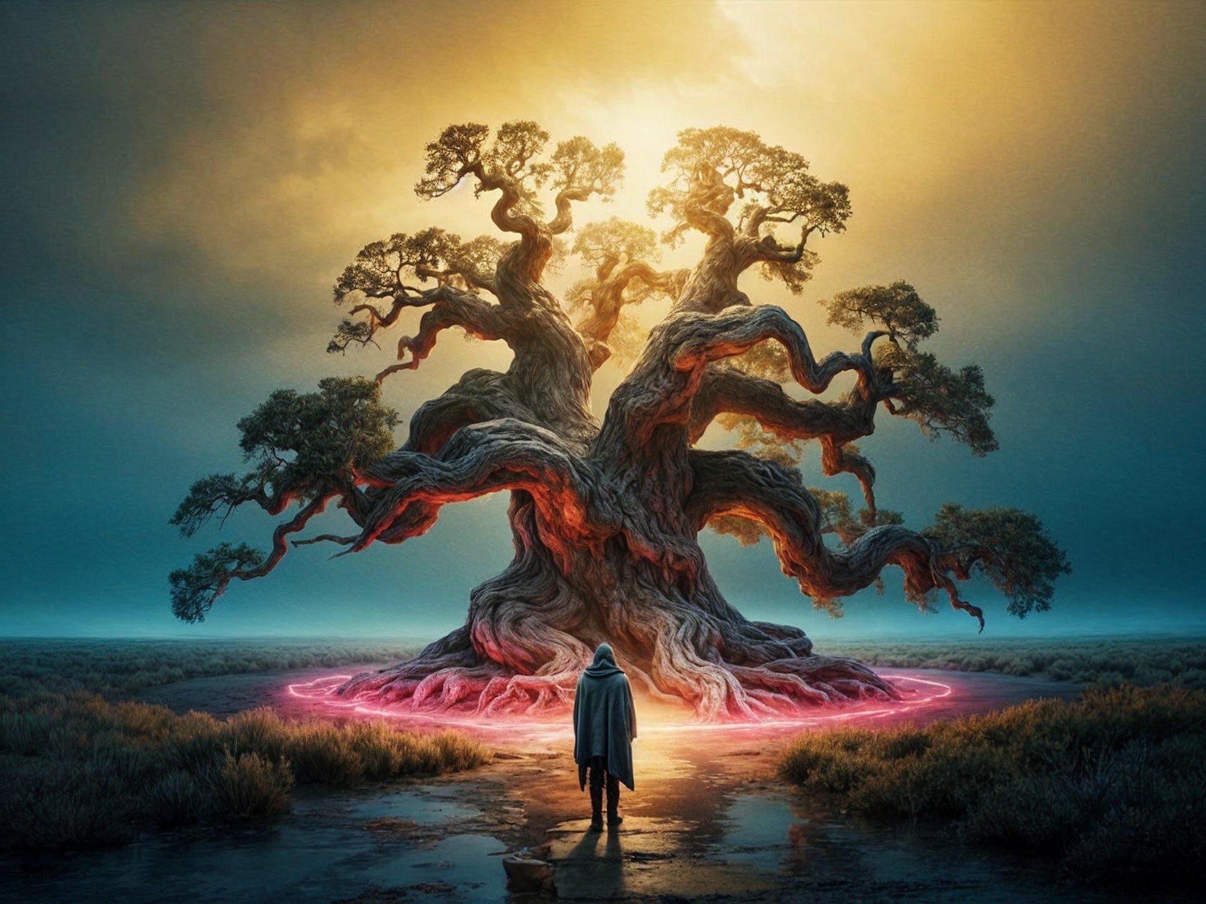Ancient Tree with Ethereal Glow in Vast Landscape
