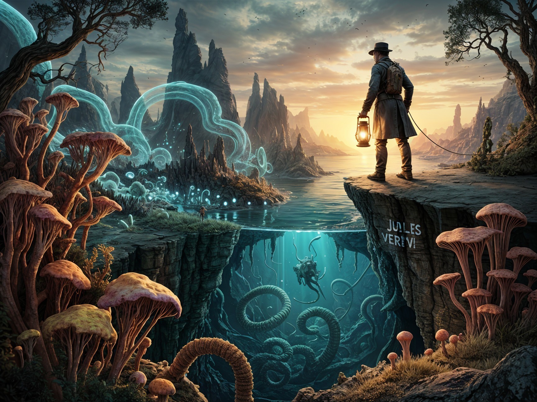 Traveler at Cliff with Lantern Over Bioluminescent Landscape