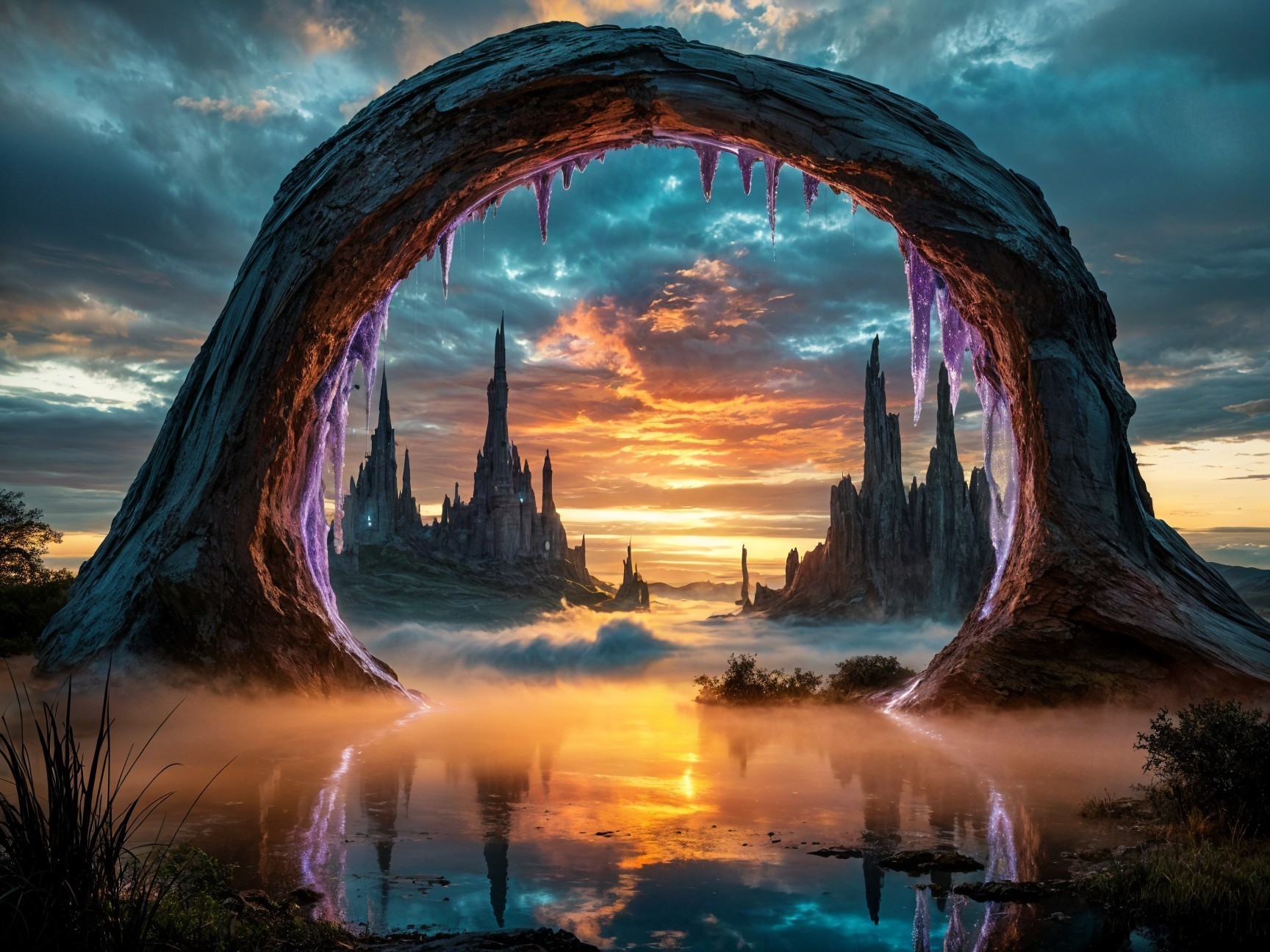 Majestic Landscape with Spires and Serene Lake at Sunset