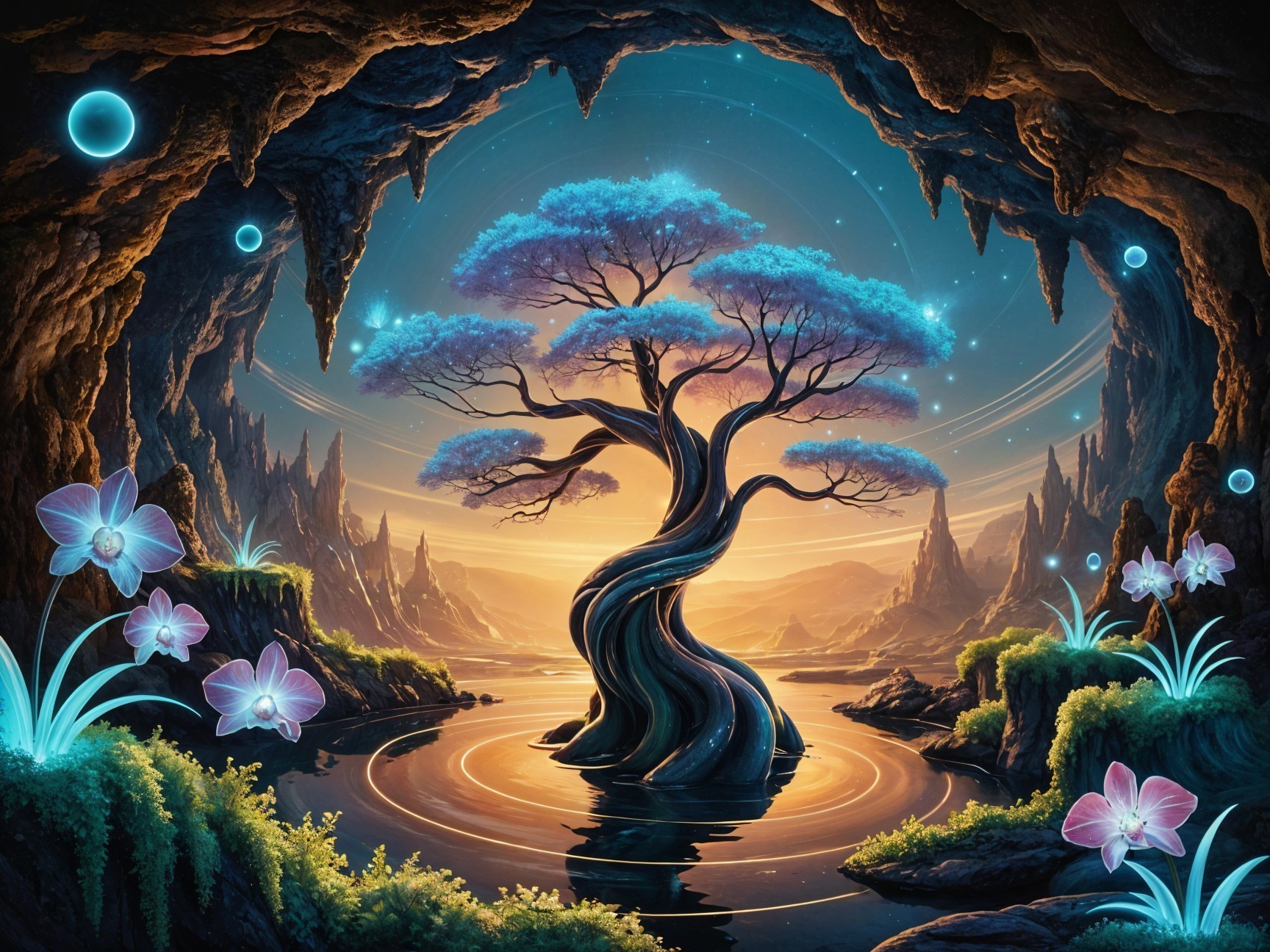 Mystical cave scene with glowing flora and water