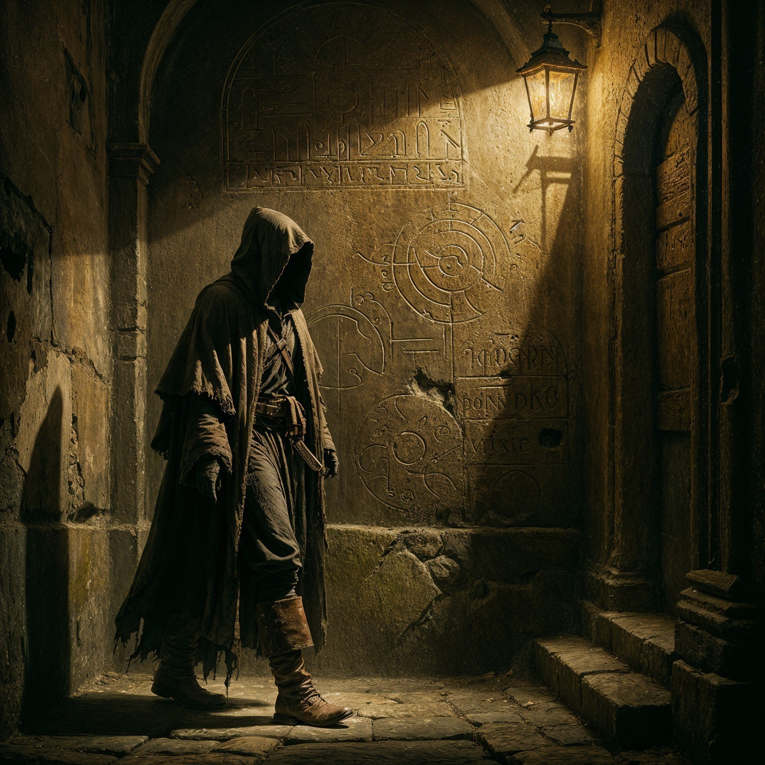 Cloaked Figure in Mysterious Dimly Lit Alley Scene