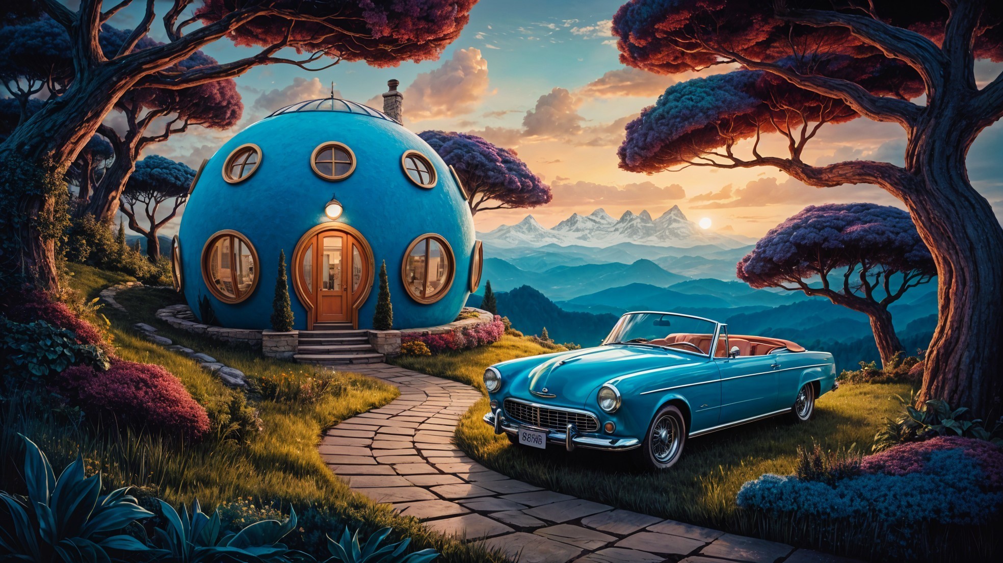 Whimsical Blue Dome House Surrounded by Colorful Trees