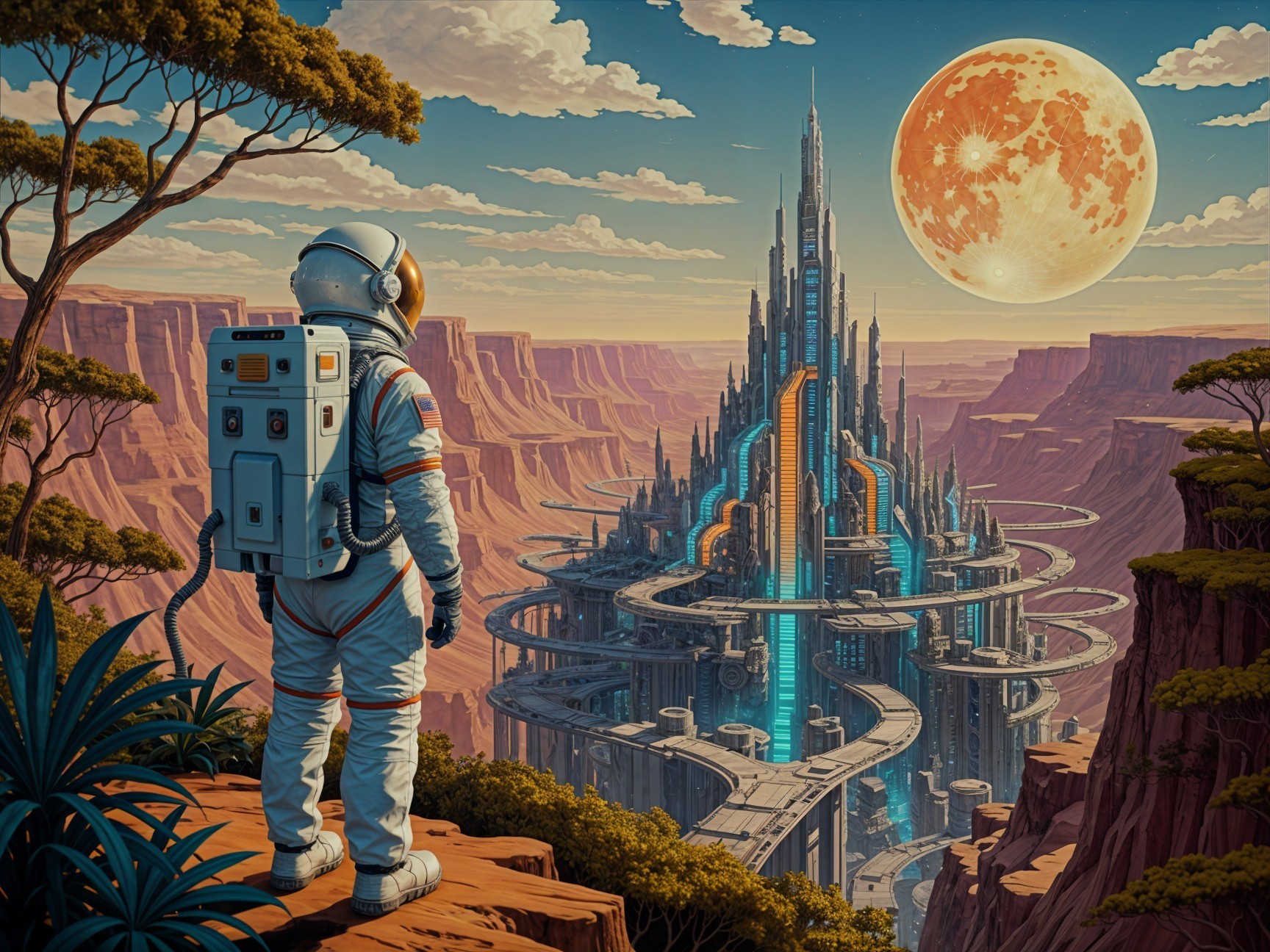 Astronaut Observing Futuristic City in Canyon Landscape