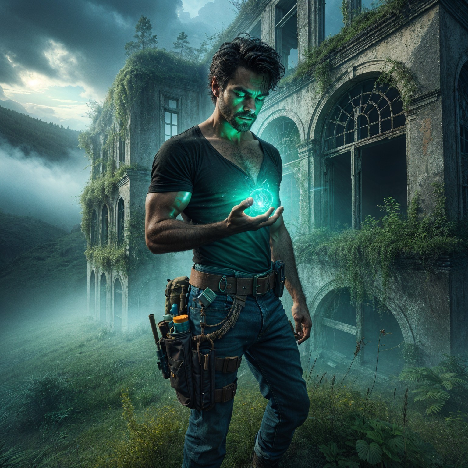 Rugged Explorer with Glowing Orb at Abandoned Mansion
