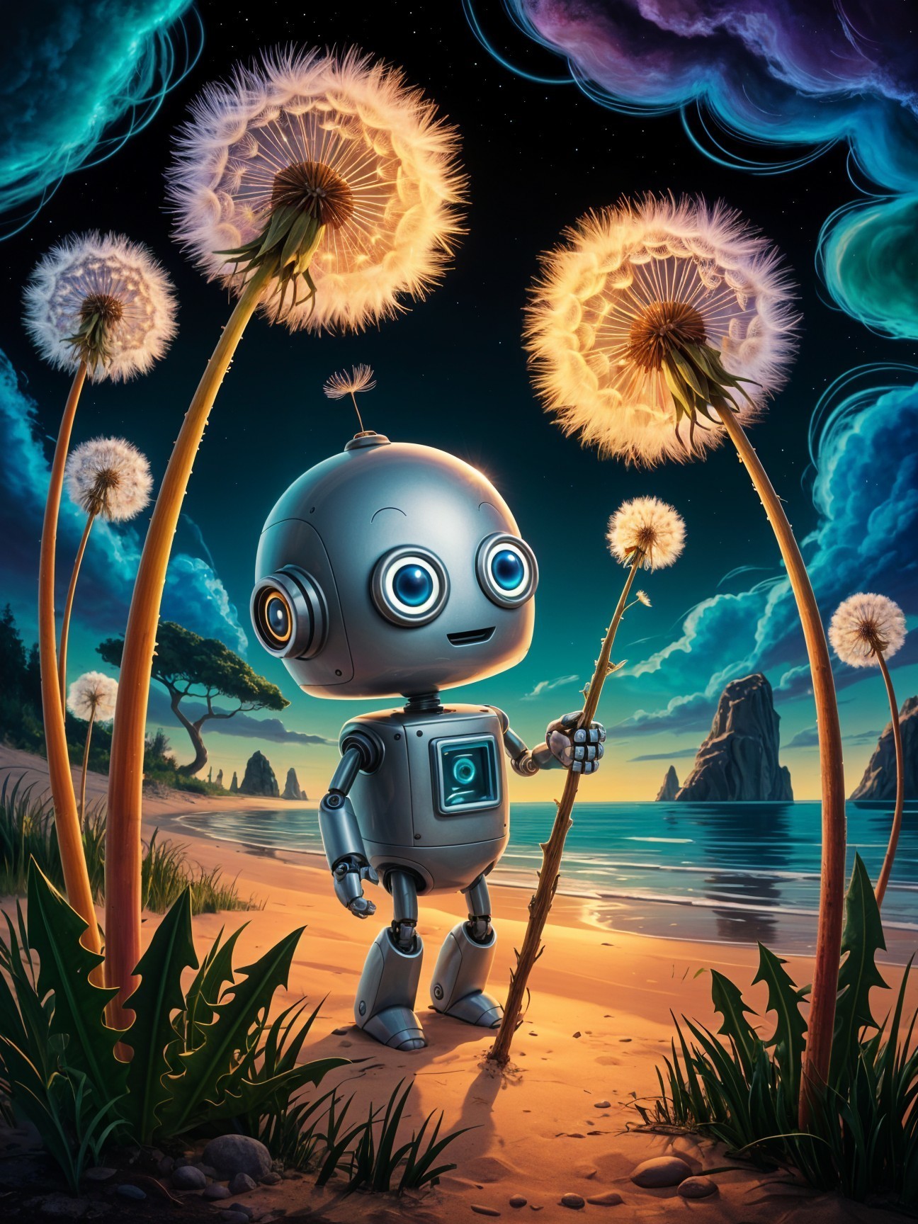 Whimsical Robot on Beach with Glowing Dandelions