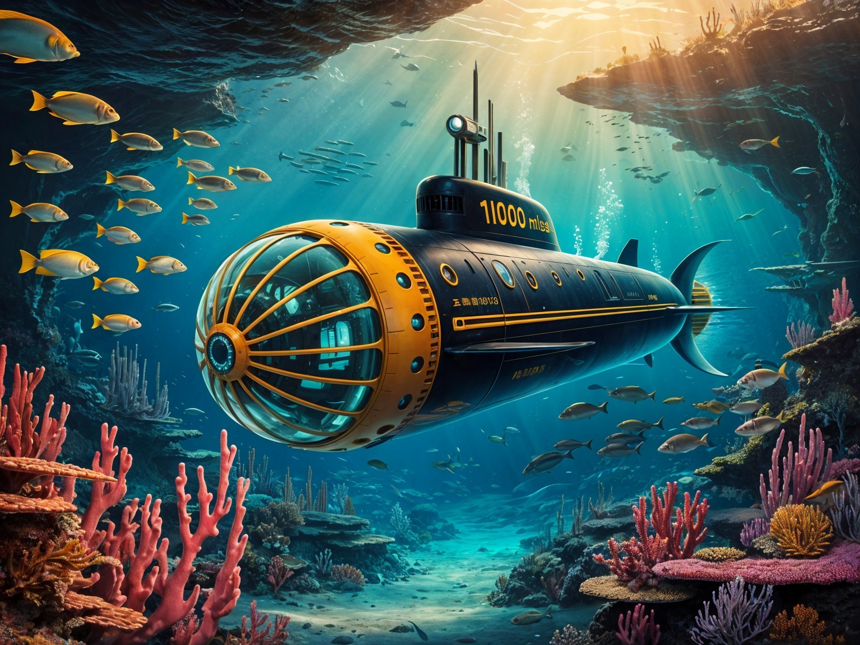 Futuristic submarine explores vibrant underwater scenery
