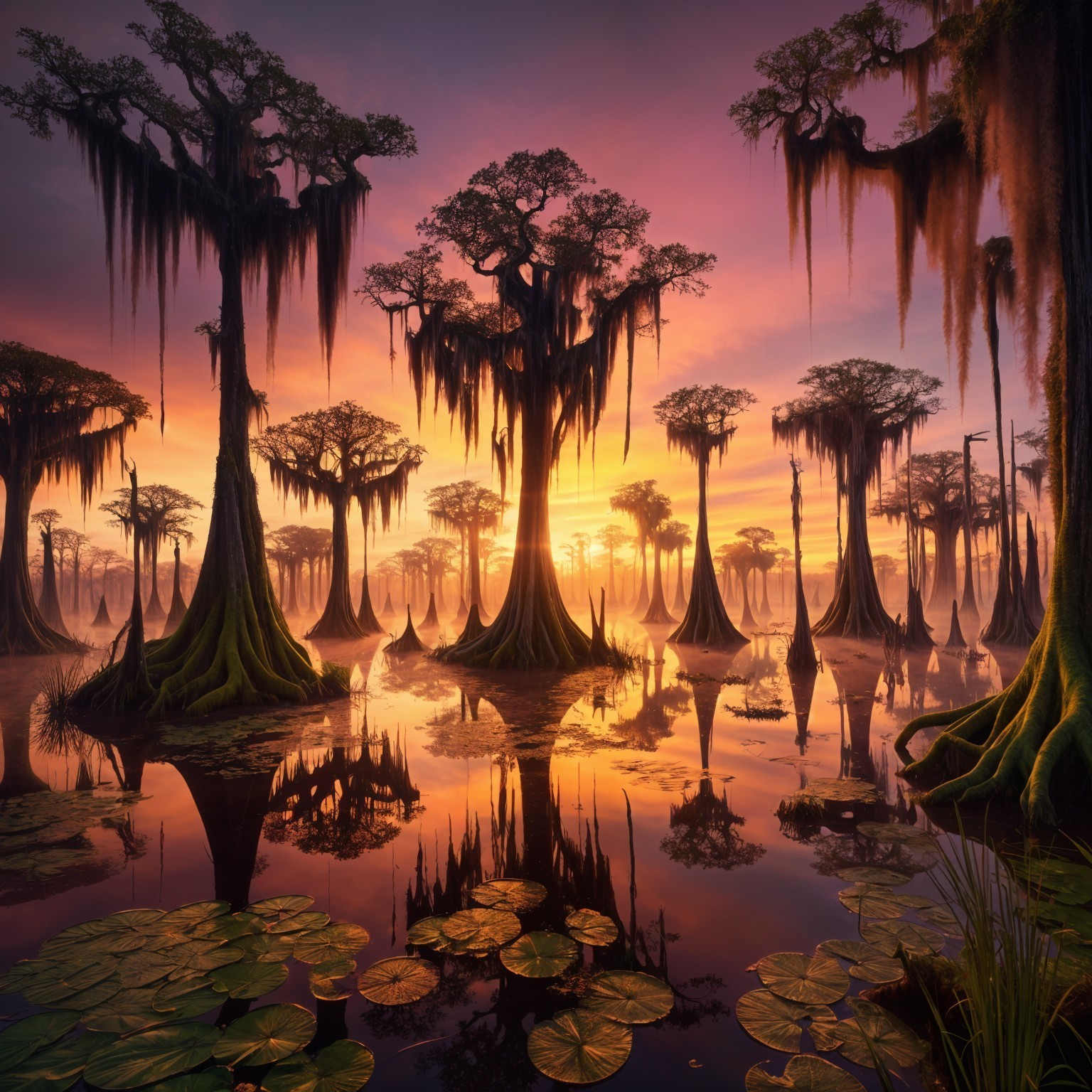 Twilight Landscape with Cypress Trees and Lilypads