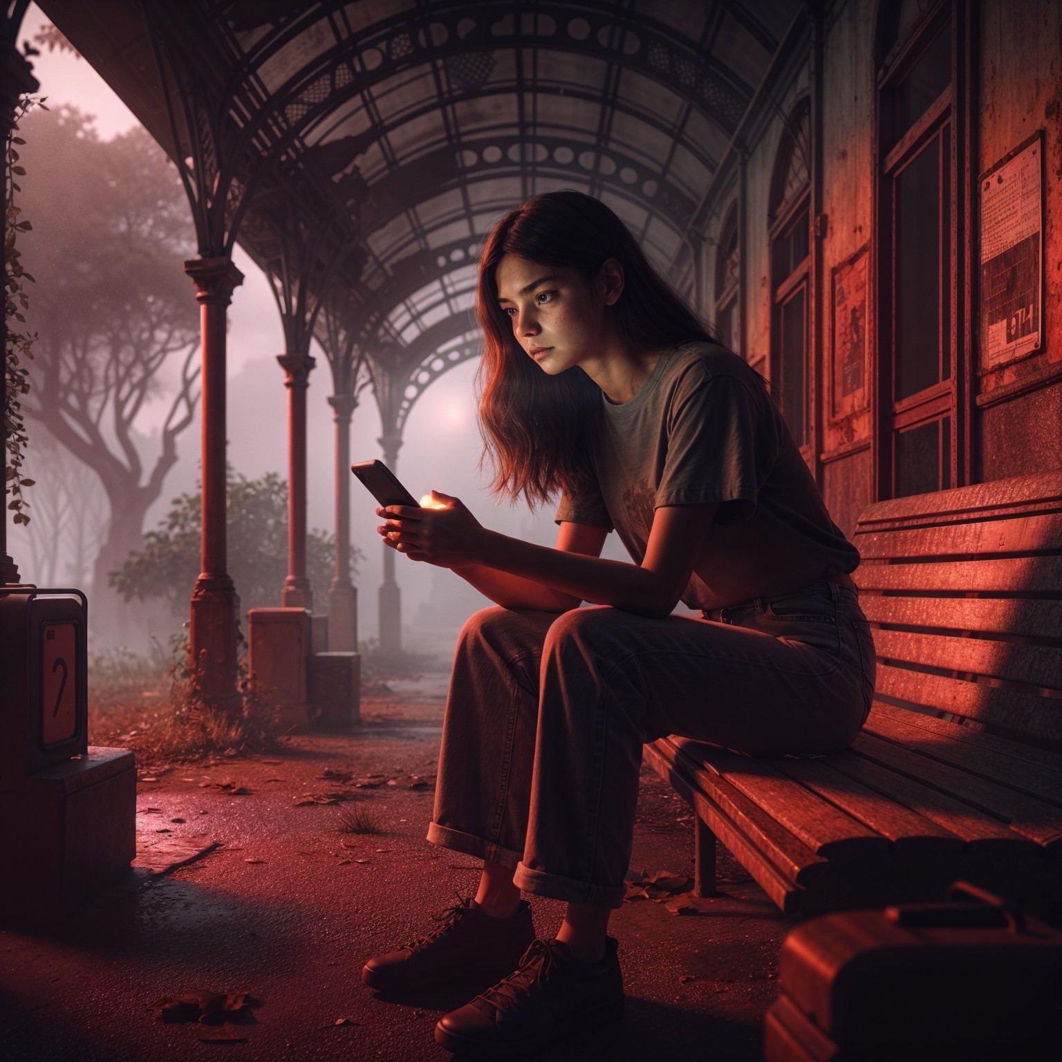 Young Woman on Bench in Misty, Atmospheric Setting