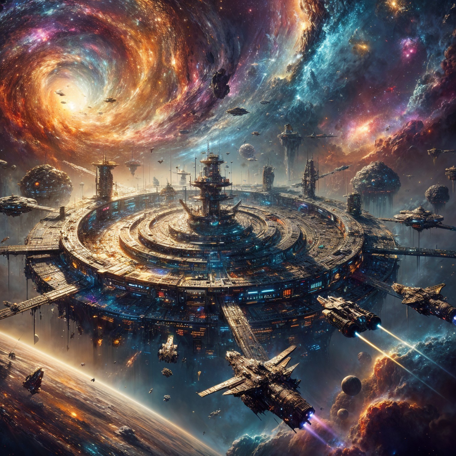 Cosmic Scene with Space Station and Vibrant Galaxies