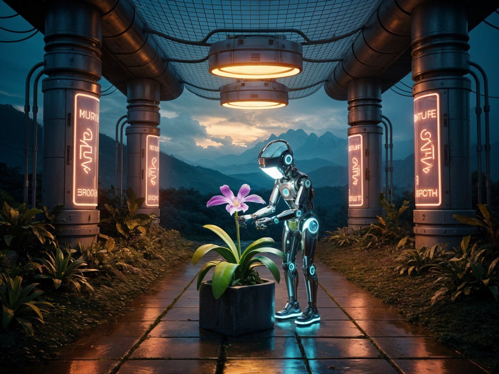 Futuristic Robot Examines Purple Flower in Tech Landscape