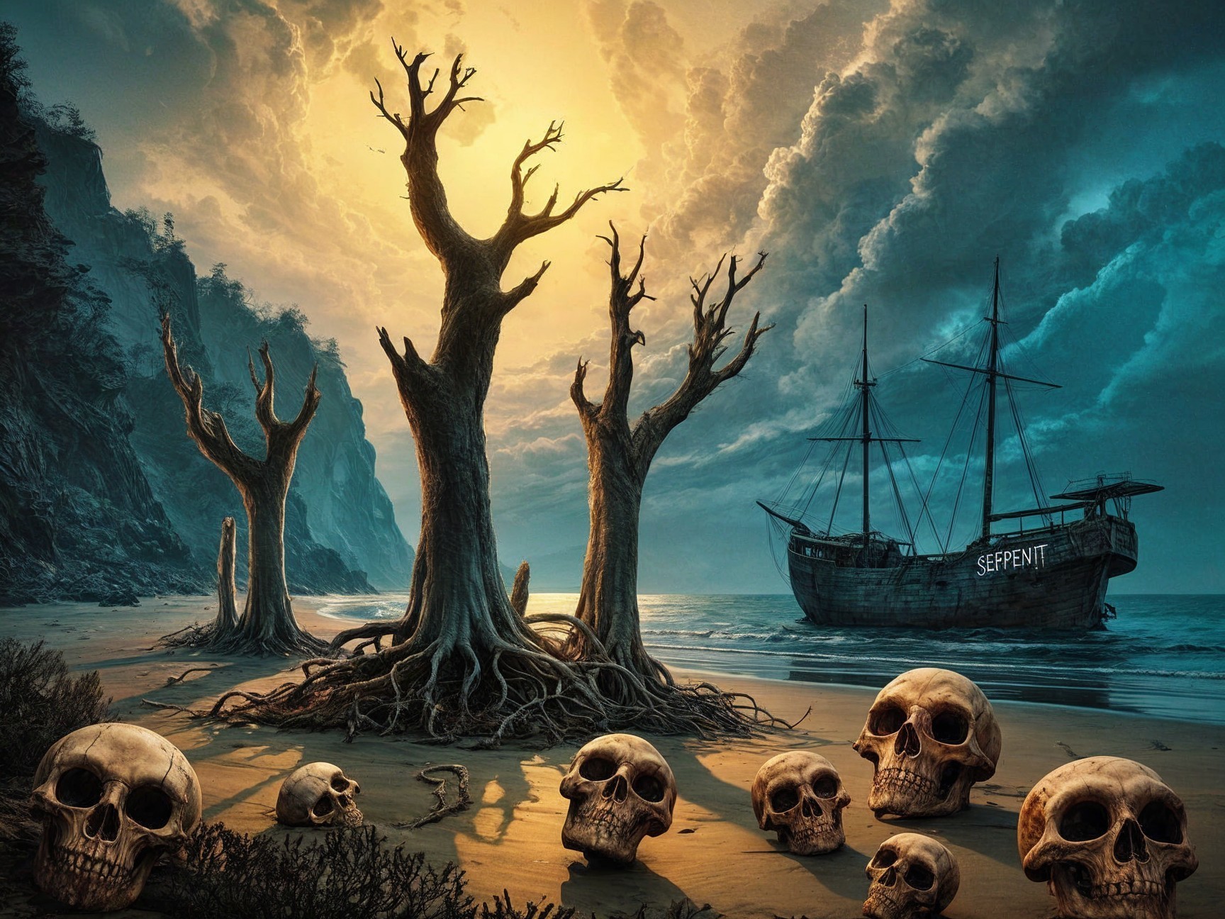 Haunting beach scene with skeletal trees and skulls