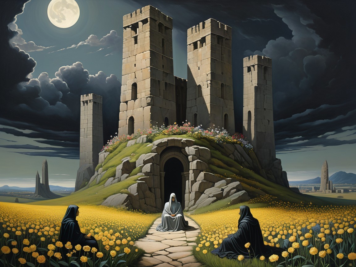 Castle on a Hill Surrounded by Vibrant Flowers and Moon